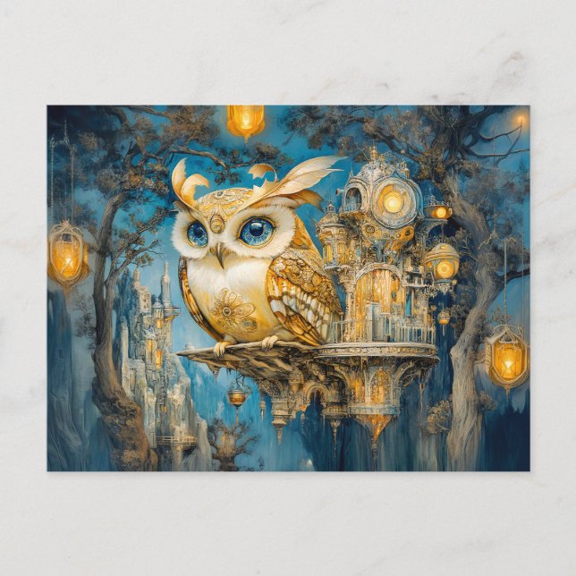 Mystical Owl in a Tree Castle at Night Postcard (Front)