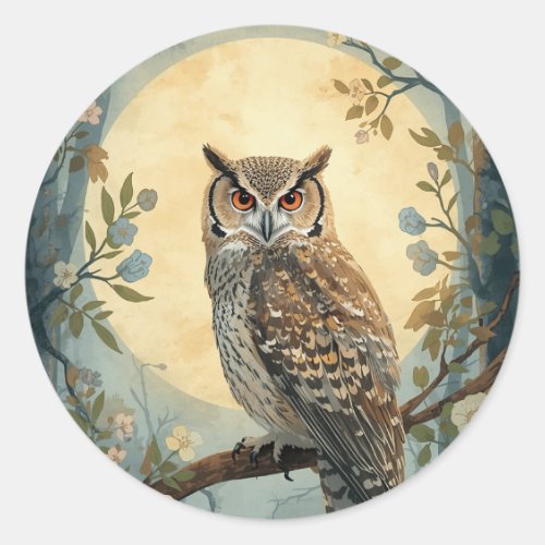 Mystical Owl Moonlight Forest Art | Woodland Owl I Classic Round Sticker