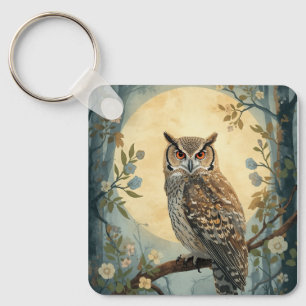 Mystical Owl Moonlight Forest Art   Woodland Owl I Keychain