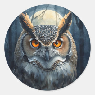 Mystical Owl Watercolor Art Dark Forest Moon Owl Classic Round Sticker