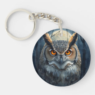 Mystical Owl Watercolor Art Dark Forest Moon Owl Keychain