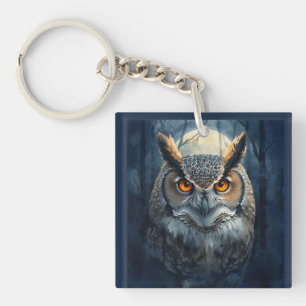 Mystical Owl Watercolor Art Dark Forest Moon Owl Keychain