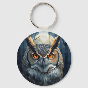 Mystical Owl Watercolor Art Dark Forest Moon Owl Keychain