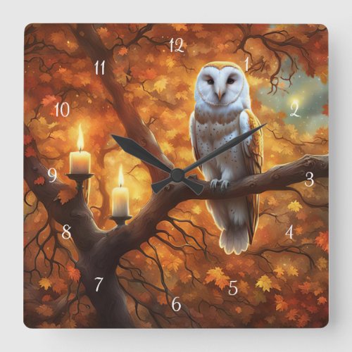 Mystical Owl with Candles Fall Foliage Square Wall Clock
