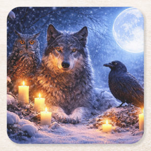 Mystical Owl Wolf Raven Candles Winter Snow Square Paper Coaster