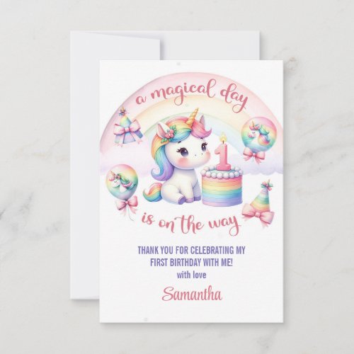 Mystical Pastel Unicorn Girl 1st Birthday Party  Thank You Card