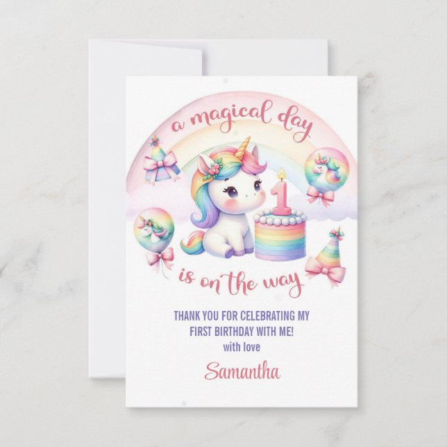 Mystical Pastel Unicorn Girl 1st Birthday Party  Thank You Card (Front)