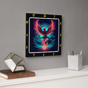 Mystical Phoenix Over Starlit Valley Square Wall Clock