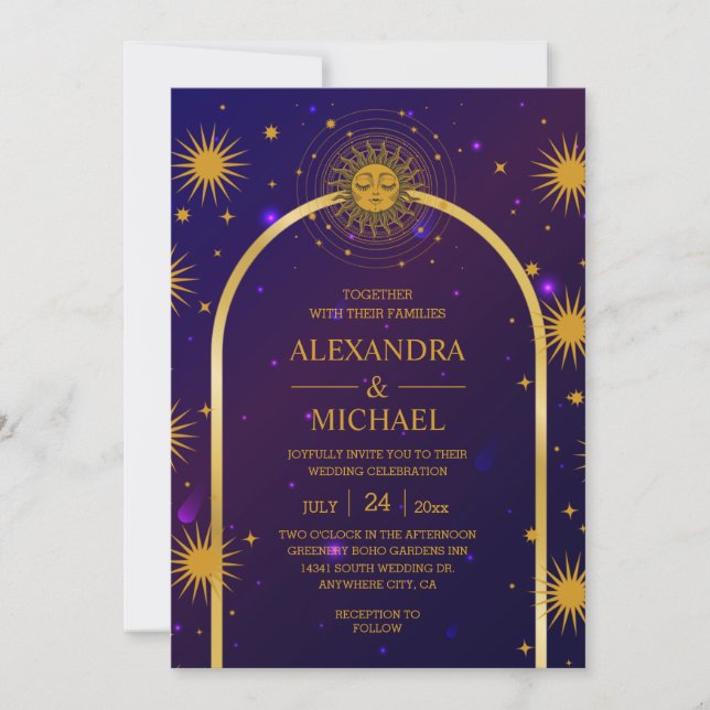 Mystical Pink Blue Celestial Stars Wedding Invitation (Front)