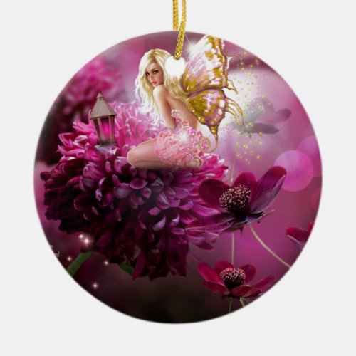 Mystical Pink Fantasy Fairy Flower Garden Art Ceramic Ornament