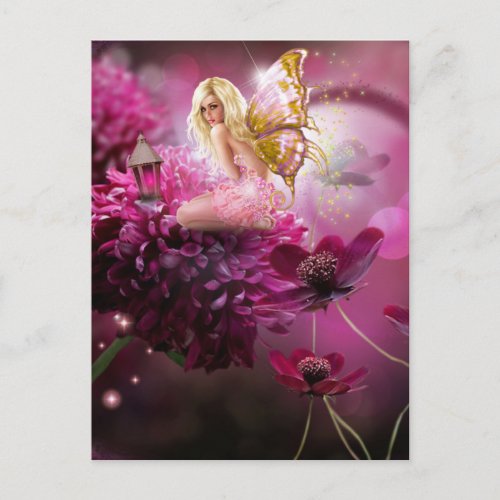Mystical Pink Fantasy Fairy Flower Garden Art Postcard