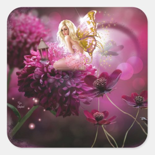 Mystical Pink Fantasy Fairy Flower Garden Art Square Sticker