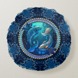 Mystical Pisces Dreams Fractal Lace New Moon Round Pillow
