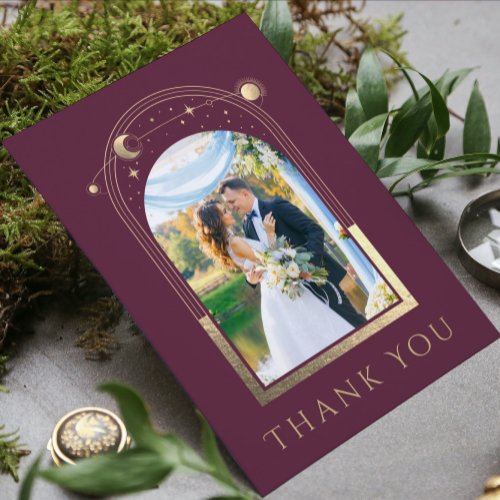Mystical Plum Gold Celestial Wedding Thanks Thank You Card