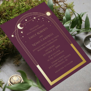 Mystical Plum Gold Sun Moon Astronomy Space Foil Invitation
