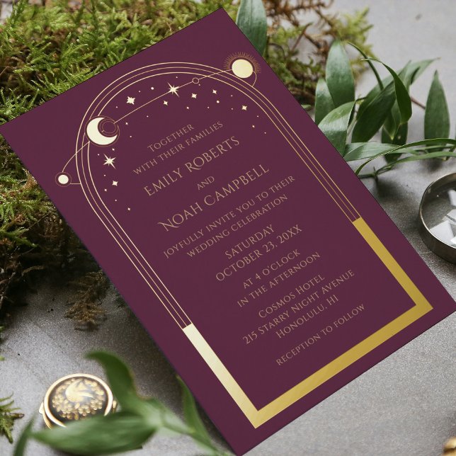 Mystical Plum Gold Sun Moon Astronomy Space Foil Invitation (Creator Uploaded)