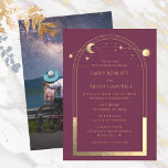Mystical Plum Gold Sun Moon Stars Photo Wedding Invitation<br><div class="desc">Mystical Plum Gold Sun Moon Stars Astronomy Space Photo Wedding Invitations features sun, moon and stars with a gold frame on a plum background. Inside is your custom wedding invitation information. Personalize by editing the text in the text boxes and adding your favorite photo. Designed for you by ©Evco Studio...</div>