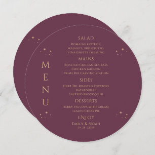 Mystical Plum Gold Sun Moon Stars Space Wedding Menu