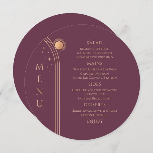 Mystical Plum Gold Sun Moon Stars Space Wedding Menu