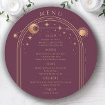 Mystical Plum Gold Sun Moon Stars Space Wedding Menu<br><div class="desc">Mystical Plum Gold Sun Moon Stars Space Wedding Menu Cards features a gold sun,  moon and stars frame on a plum background with your menu details in the center in modern gold calligraphy script. Personalize by editing the text in the text boxes provided. Designed by Evco Studio www.zazzle.com/store/evcostudio</div>