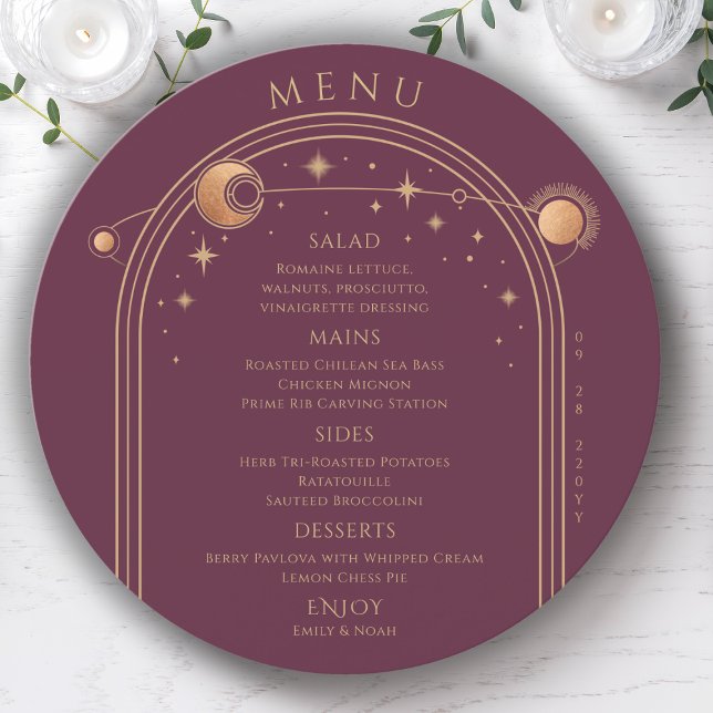 Mystical Plum Gold Sun Moon Stars Space Wedding Menu (Creator Uploaded)