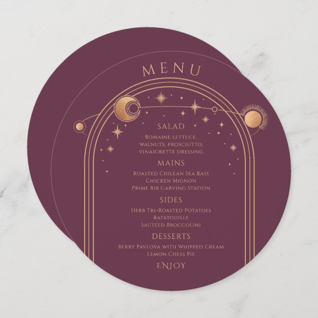 Mystical Plum Gold Sun Moon Stars Space Wedding Menu (Front/Back)