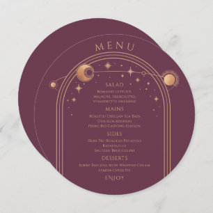 Mystical Plum Gold Sun Moon Stars Space Wedding Menu