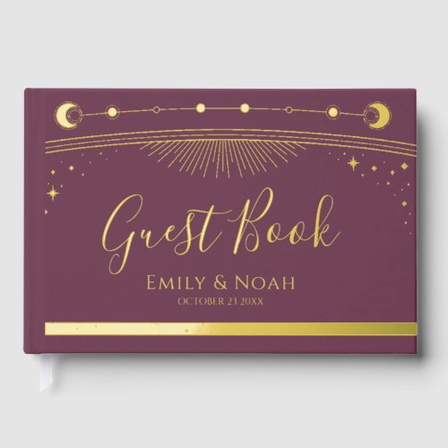 Mystical Plum Gold Sun Moon Stars Wedding Foil Guest Book