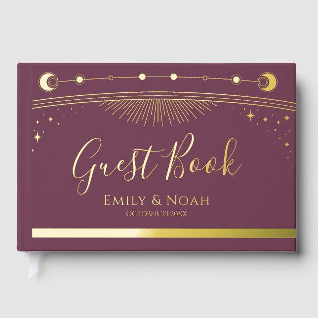 Mystical Plum Gold Sun Moon Stars Wedding Foil Guest Book (Front)