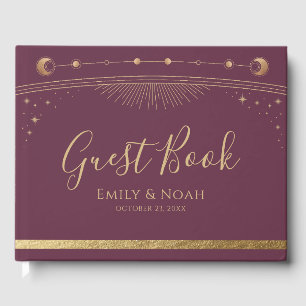 Mystical Plum Gold Sun Moon Stars Wedding Guest Book
