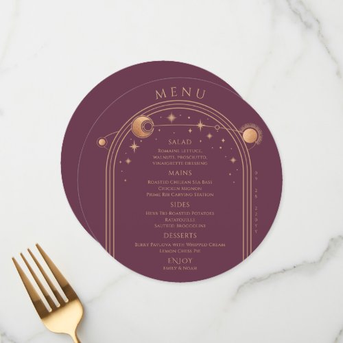 Mystical Plum Gold Sun Moon Stars Wedding Menu