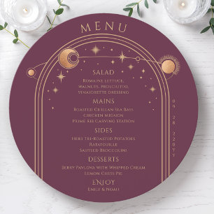 Mystical Plum Gold Sun Moon Stars Wedding Menu