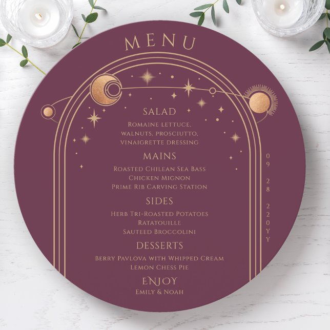Mystical Plum Gold Sun Moon Stars Wedding Menu (Creator Uploaded)