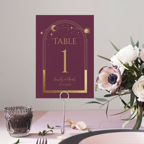 Mystical PlumGold Sun Moon Astronomy Wedding Table Number