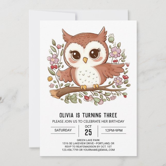 Mystical Pretty Digital Owl Birthday Invitation (Front)