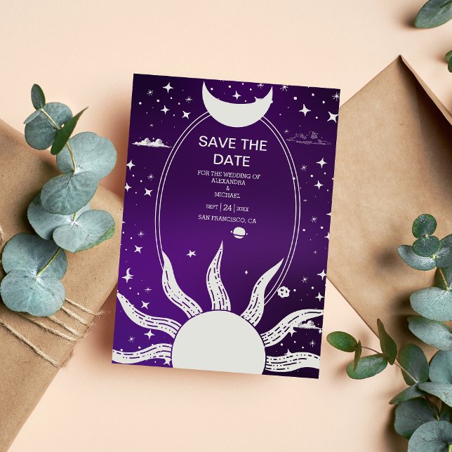 Mystical Purple and Silver Sun Moon Wedding Save The Date (Creator Uploaded)