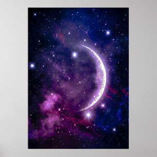 Mystical Purple Cosmic Crescent Moon Nebula Poster