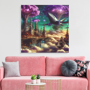 Mystical Purple Futuristic Fantasy City Canvas Print