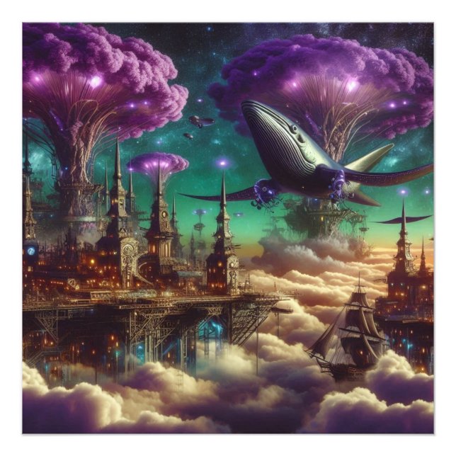 Mystical Purple Futuristic Fantasy City Photo Print (Front)