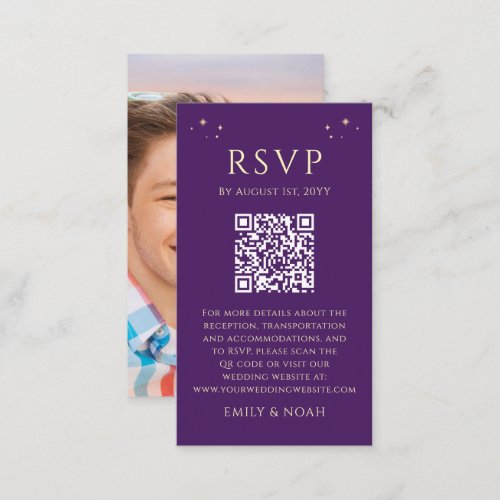 Mystical Purple Gold Budget QR Code RSVP Photo Enclosure Card