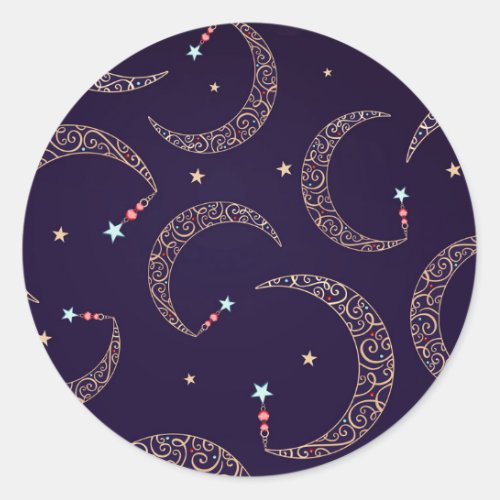 Mystical Purple Gold Filigree Moon Celestial Party Classic Round Sticker