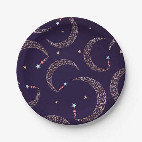 Mystical Purple Gold Filigree Moon Celestial Party Paper Plates