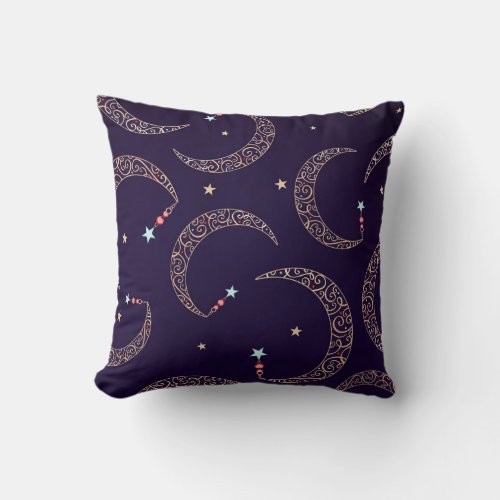 Mystical Purple Gold Filigree Moon Celestial Throw Pillow