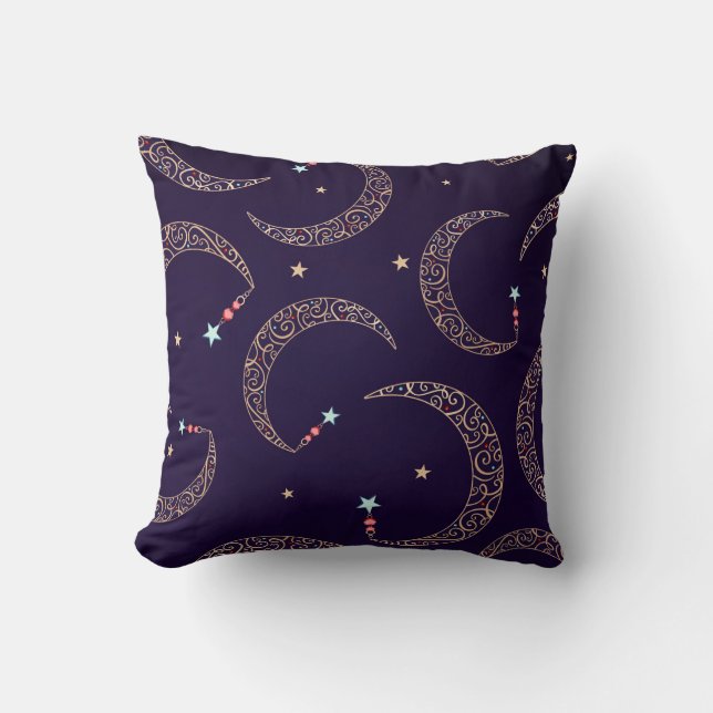 Mystical Purple Gold Filigree Moon Celestial Throw Pillow (Front)