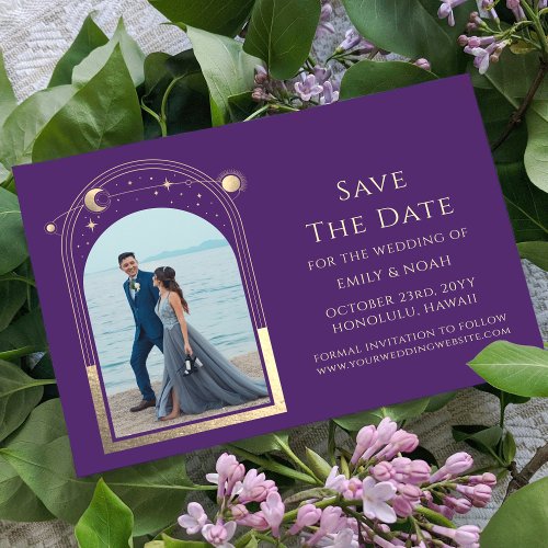Mystical Purple Gold Sun Moon Star Space Save The Date