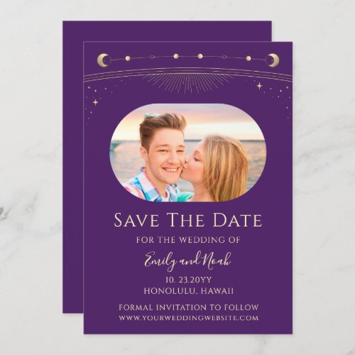 Mystical Purple Gold Sun Moon Star Space Save The Date