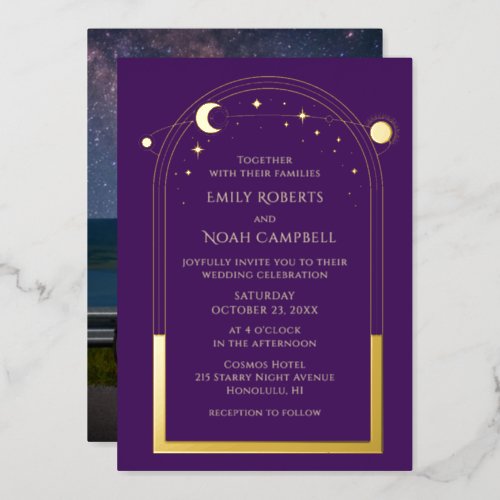 Mystical Purple Gold Sun Moon Stars Photo Wedding Foil Invitation