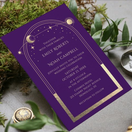 Mystical Purple Gold Sun Moon Stars Photo Wedding Invitation