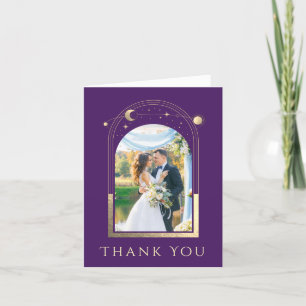 Mystical Purple Gold Sun Moon Stars Photo Wedding Thank You Card