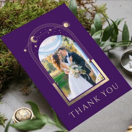 Mystical Purple Gold Sun Moon Stars Photo Wedding Thank You Card